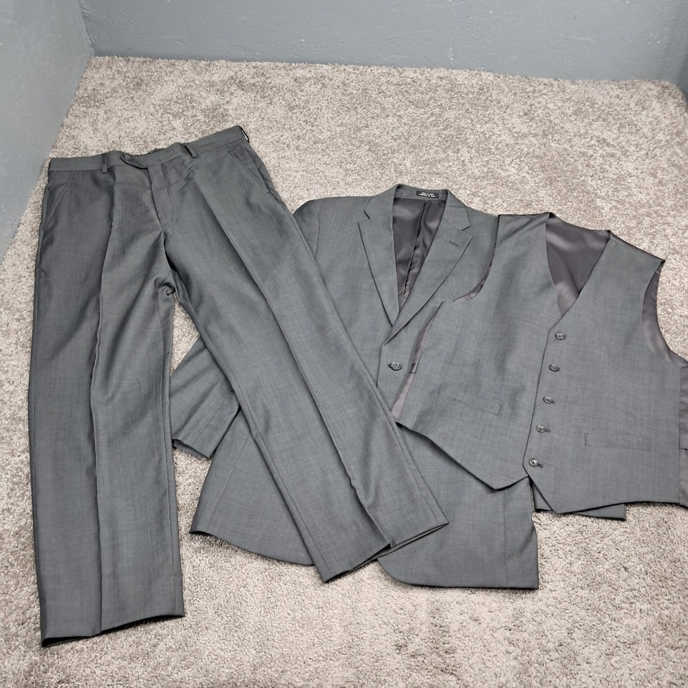 Jones New York Mens‎ 3 Piece Suit 40L Grey 100% Worsted Wool Blazer Vest Pant